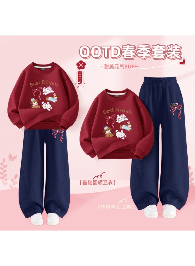 Babu Bean Girls' Spring And Autumn Outfit Set Children's Basic Spring Round Neck Sweatshirt Top Middle And Large Kids' Spring Wear Curved Knife Wide Leg Pants - Image 2
